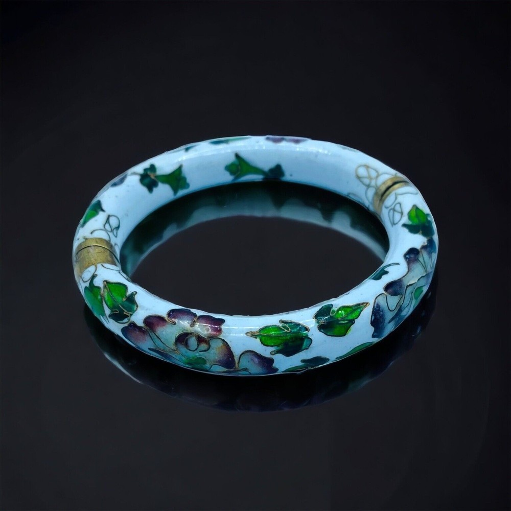 Vintage Asian Cloisonné Hinge Bangle Bracelet Enamel Lotus Flower